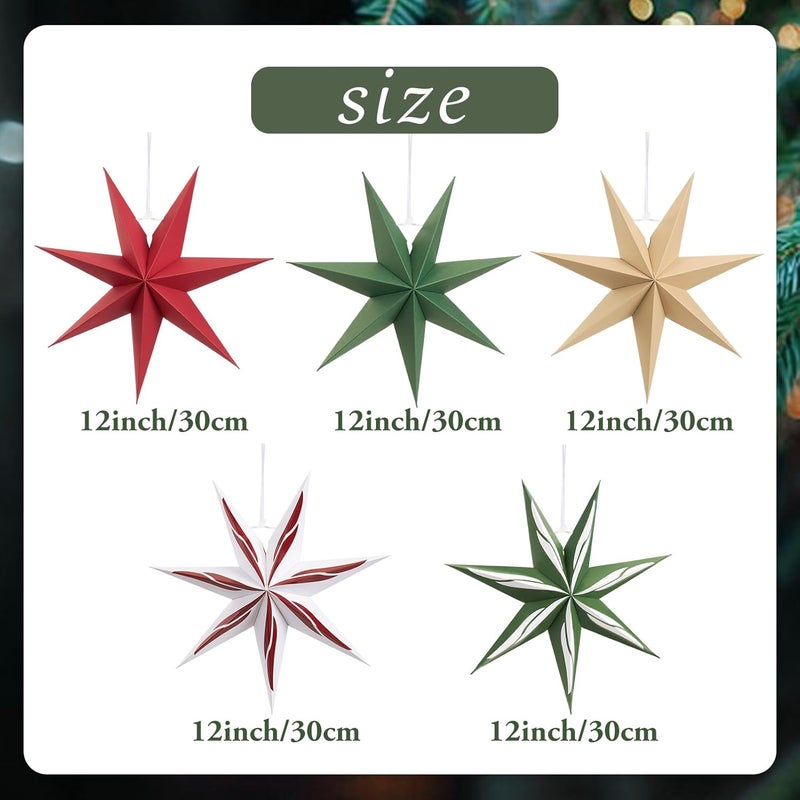 paper jazz 7-Point Paper Star Lanterns Christmas Decoration,Green and Red Christmas Hanging Ornament, Vintage Paper Star,5pcs Hanging Decor from Ceiling for Xmas,New Year,Birthday Party. - Image 3